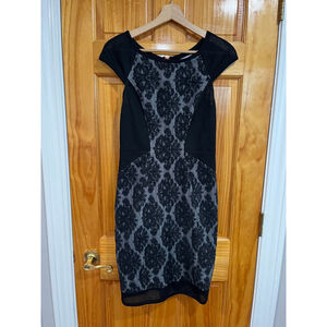 YOANA BARASCHI Old Money Black Mesh Cap Sleeve Crepe Sheath Dress Size Small